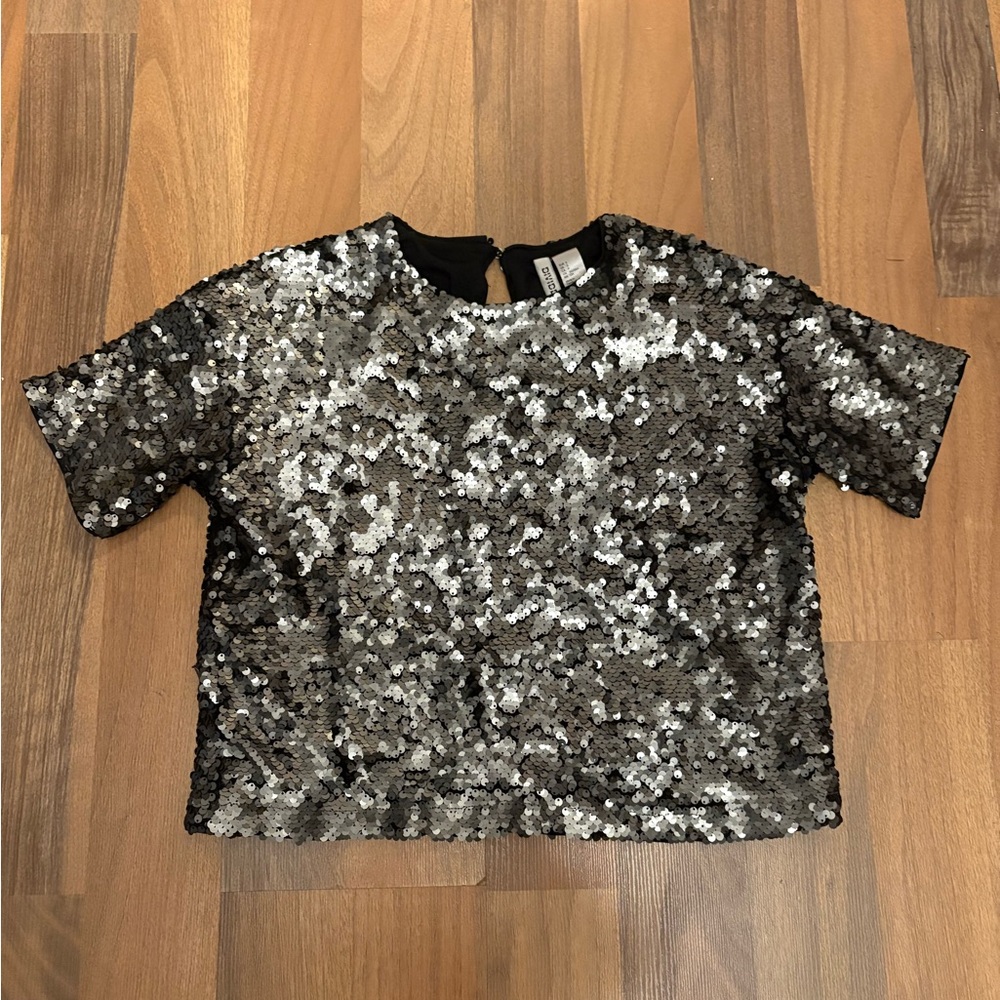 Divided Black and Silver Sequin Short Sleeve Top